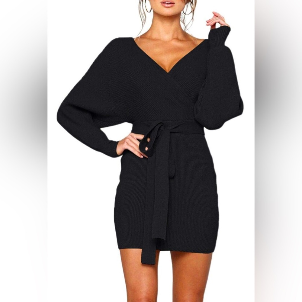 Zonsaoja Sweater Dress Sexy V Neck Long Sleeve Backless Wrap Knitted Mini Dress